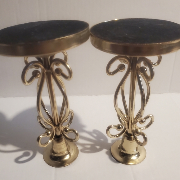 Decorative Candlestick Holder Pair Vtg Metal Material Poss Silverplate Or Brass - Picture 9 of 12